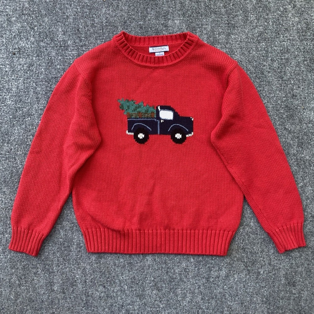Kitestrings Holiday Sweater Kids 7 Red Cotton Knit Christmas Tree Pullover